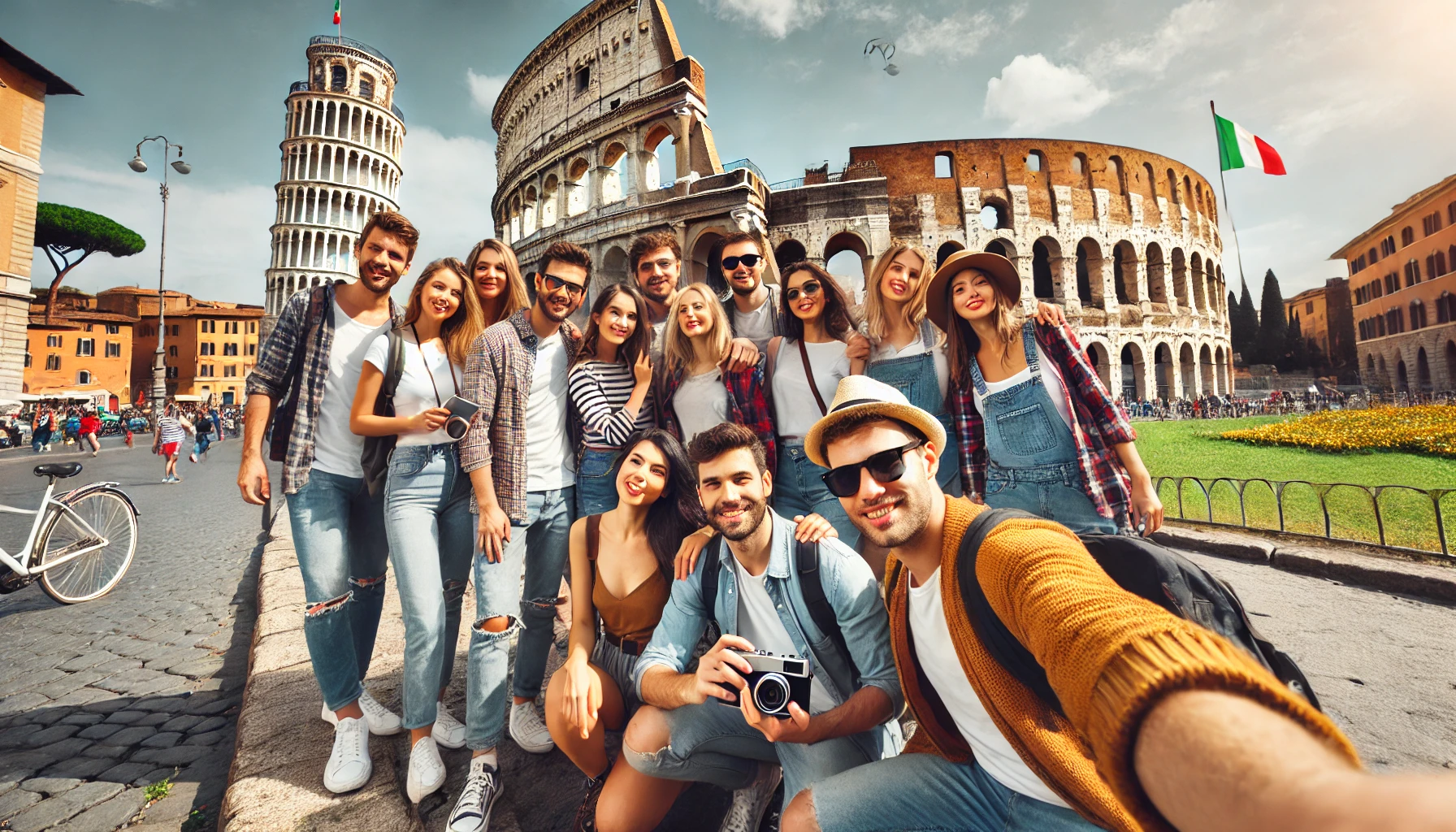 DALL·E 2024-07-18 10.54.57 - A group of diverse people on a trip to Italy. They are posing in front of a famous landmark, such as the Colosseum in Rome or the Leaning Tower of Pis